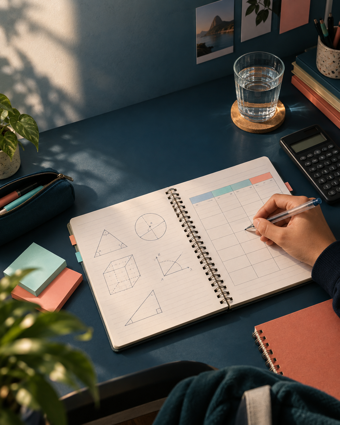 Mesa de estudos com caderno de planejamento, calculadora e materiais de estudo